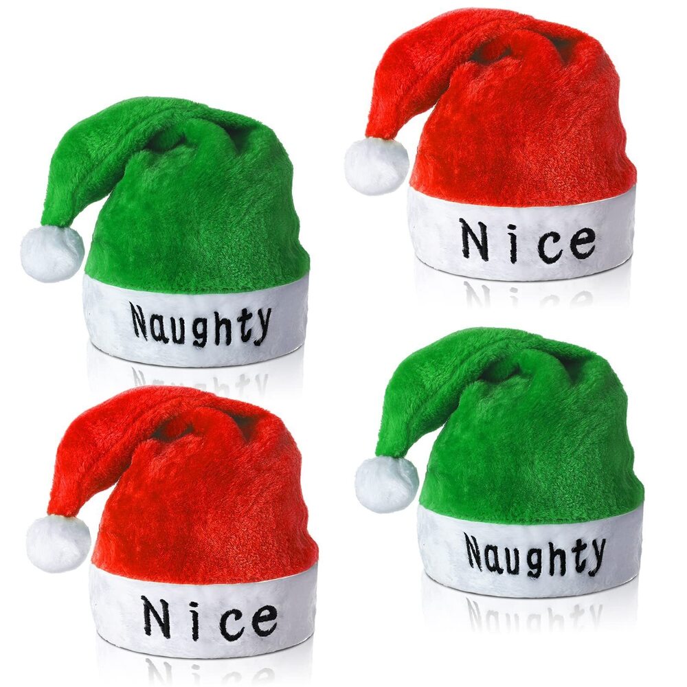 1280 4 Pcs Christmas Naughty and Nice Santa Hats Adult Red and Green